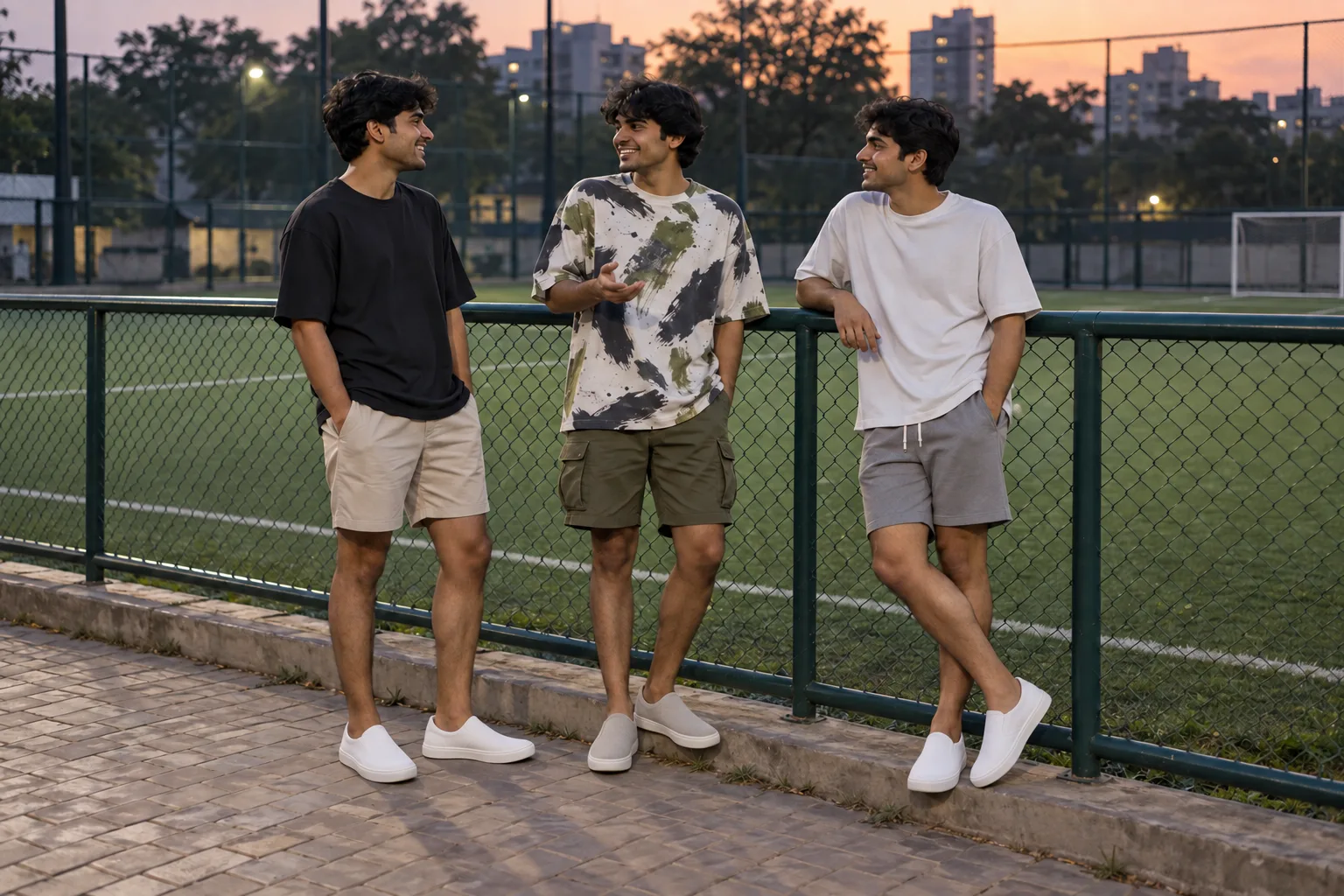 Three Indian friends in oversized t-shirts with straight-cut, cargo and drawstring shorts beside a turf pitch