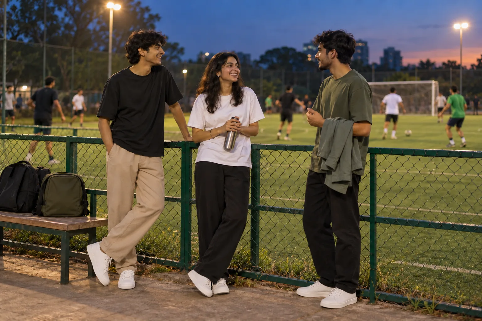 Indian college friends in plain oversized t-shirts watching a kickabout beside a turf pitch at dusk