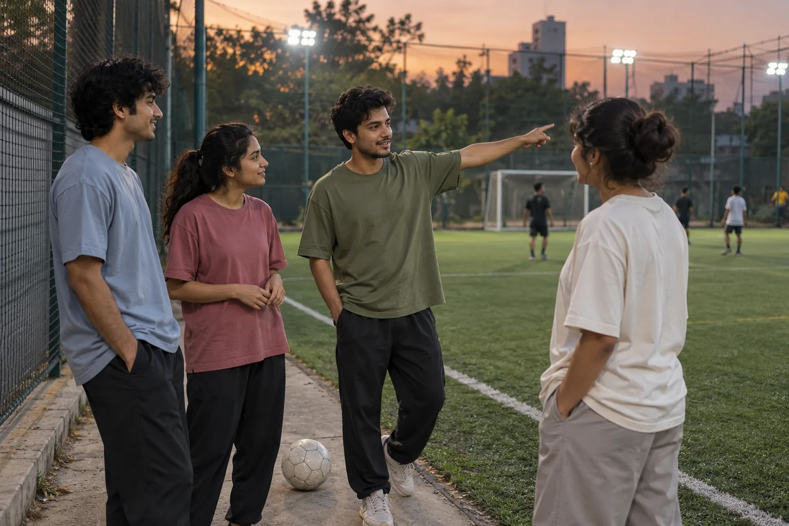 Indian friends chatting beside a local turf football pitch at dusk.