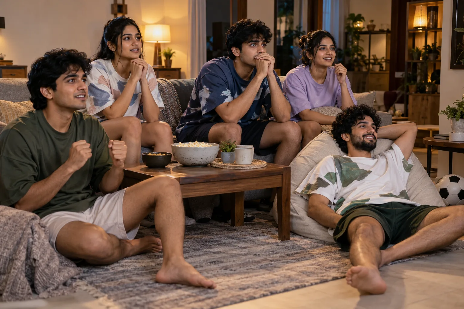 Indian friends in oversized t-shirts and drawstring shorts watching a match together at home